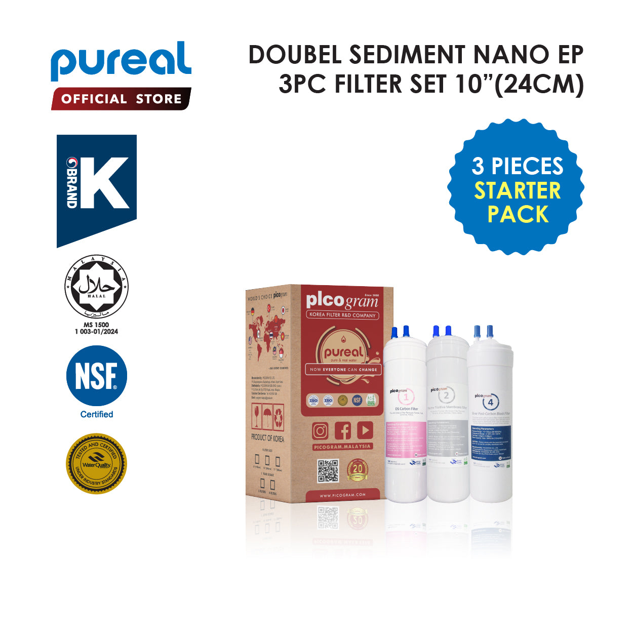 (JAKIM HALAL) Pureal Picogram DS UF/NANO EP/RO Water Filter Cartridges 3pcs Set [10&quot;inch | 24cm]