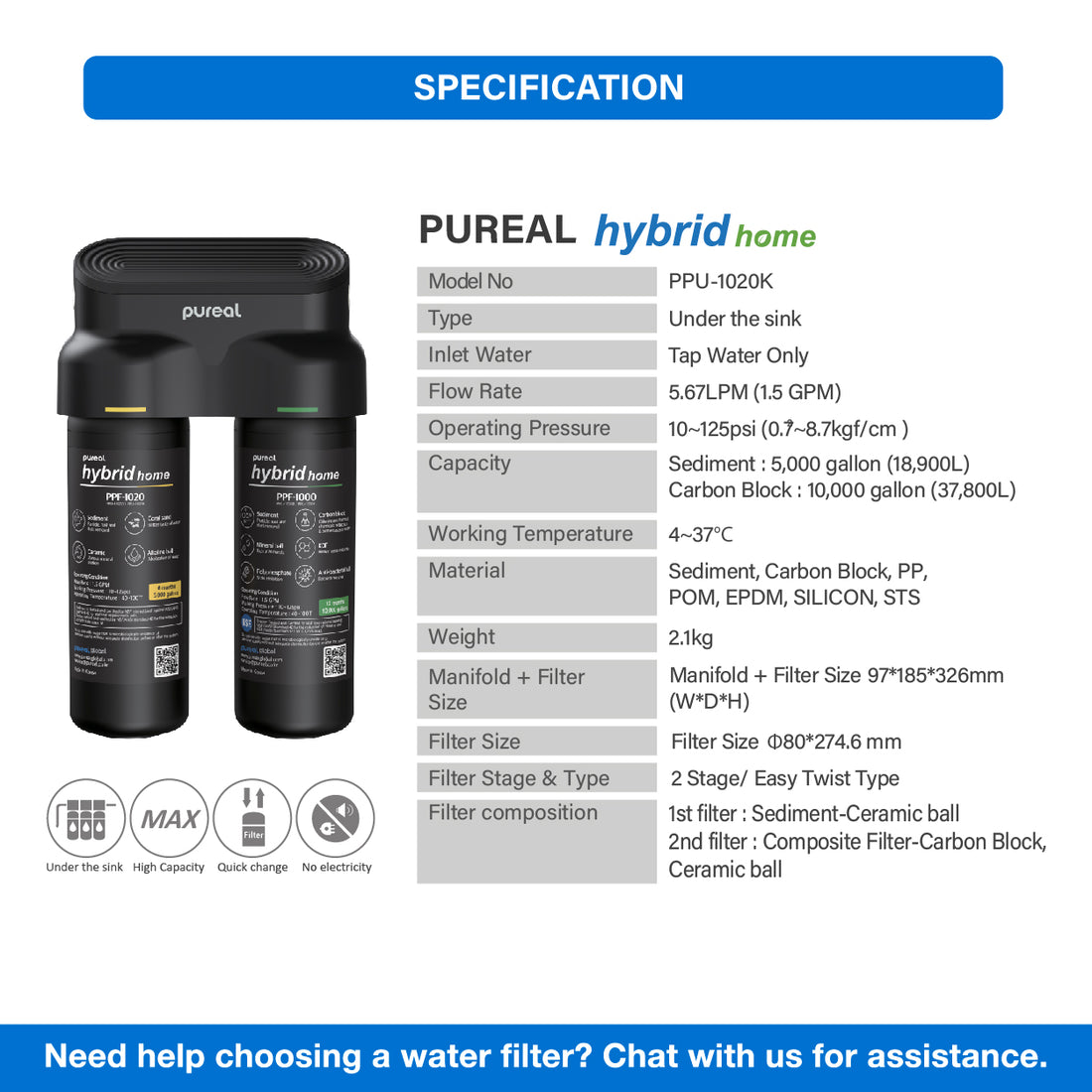 [PWP PPF-1020] Pureal Hybrid Home PPU1020K UnderSink Water Filter 38,000L