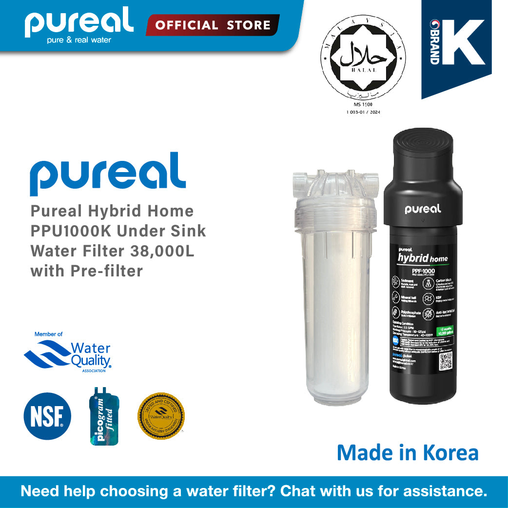 (Jakim Halal Certified) Pureal Hybrid Home PPU1000K Under Sink Water Filter System, 10K Gallons, NSF/ANSI 42&amp;372, Mineral Sediment Carbon Block KDF Polyphosphate Filter for Scale &amp; Lead &amp; Chlorine