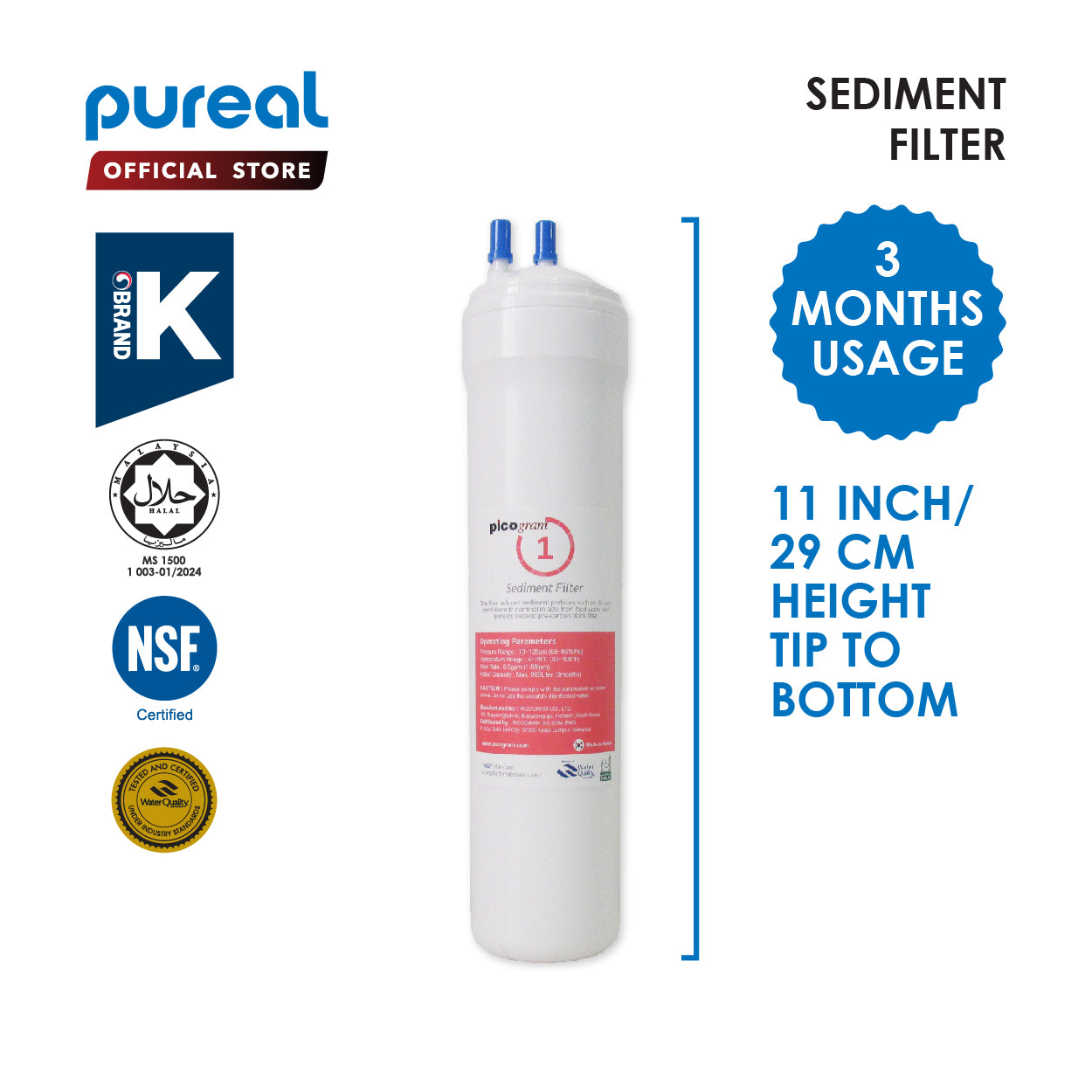 (Jakim HALAL) Pureal Picogram Replacement Filter, Water Filter [11&quot;inch | 29cm]