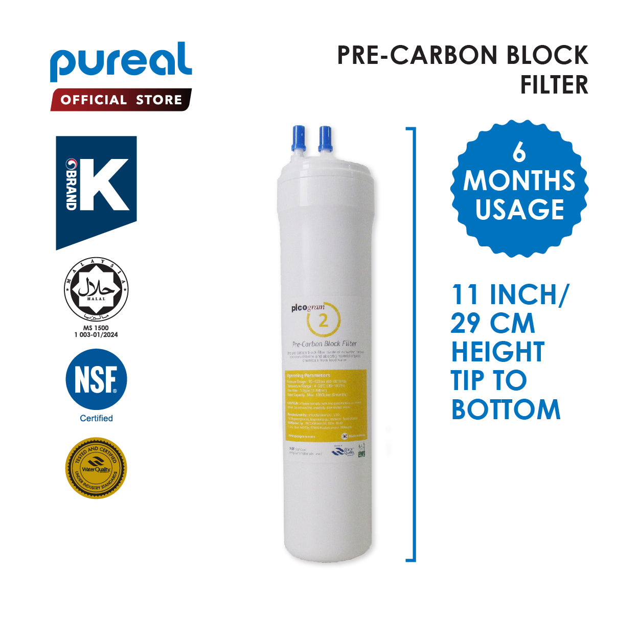 (Jakim HALAL) Pureal Picogram Replacement Filter, Water Filter [11&quot;inch | 29cm]