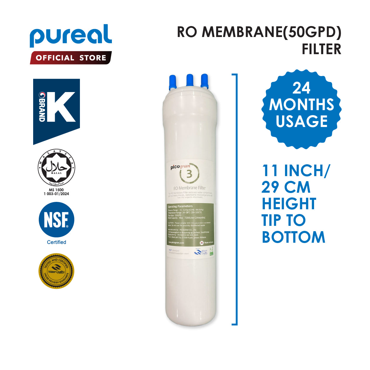 (Jakim HALAL) Pureal Picogram Replacement Filter, Water Filter [11&quot;inch | 29cm]