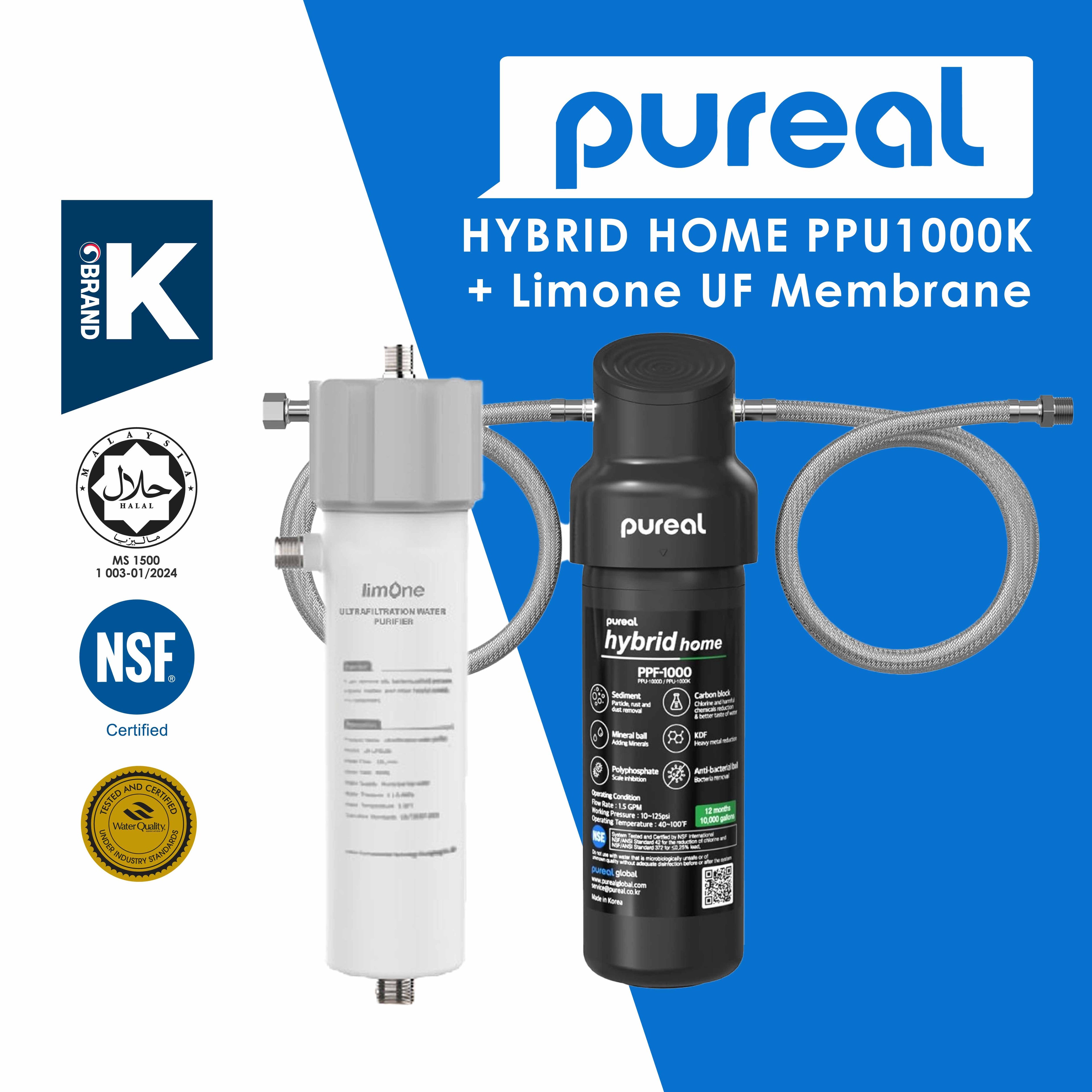 (Jakim Halal Certified) Pureal Hybrid Home PPU1000K Under Sink Water Filter System, 10K Gallons, NSF/ANSI 42&amp;372, Mineral Sediment Carbon Block KDF Polyphosphate Filter for Scale &amp; Lead &amp; Chlorine