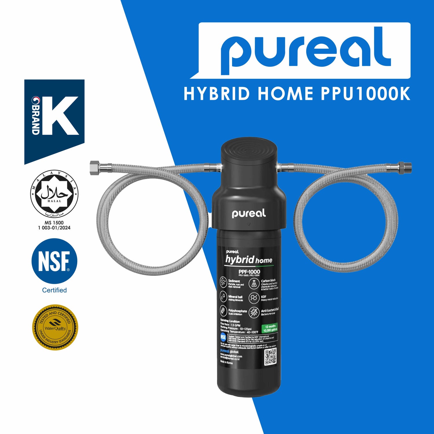 (Jakim Halal Certified) Pureal Hybrid Home PPU1000K Under Sink Water Filter System, 10K Gallons, NSF/ANSI 42&amp;372, Mineral Sediment Carbon Block KDF Polyphosphate Filter for Scale &amp; Lead &amp; Chlorine